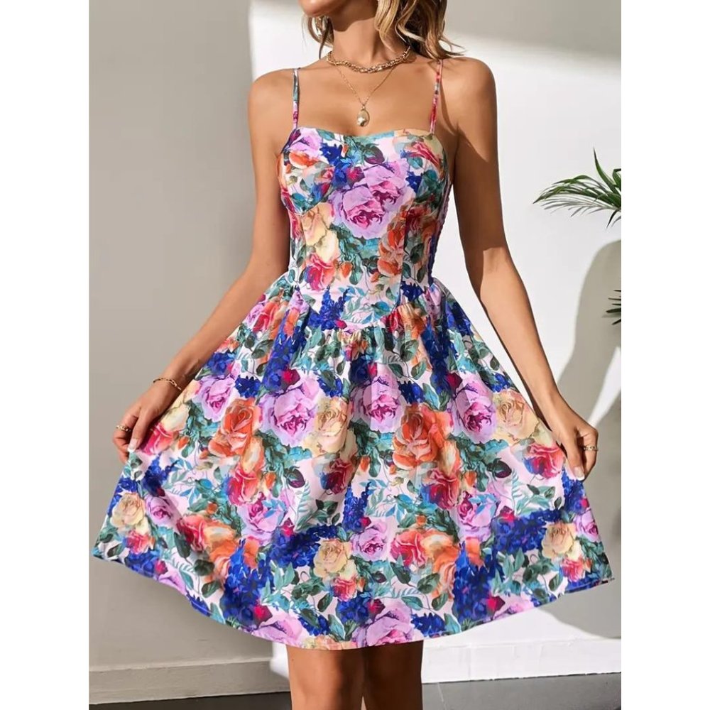 Floral Dress Mini Spaghetti Strap Multicolor Rainbow Sleeveless Flower Print